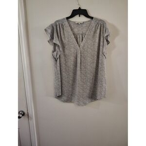 Chaus New York Women 1X Flutter Sleeve V-Neck Blouse Black White Micro Print Top